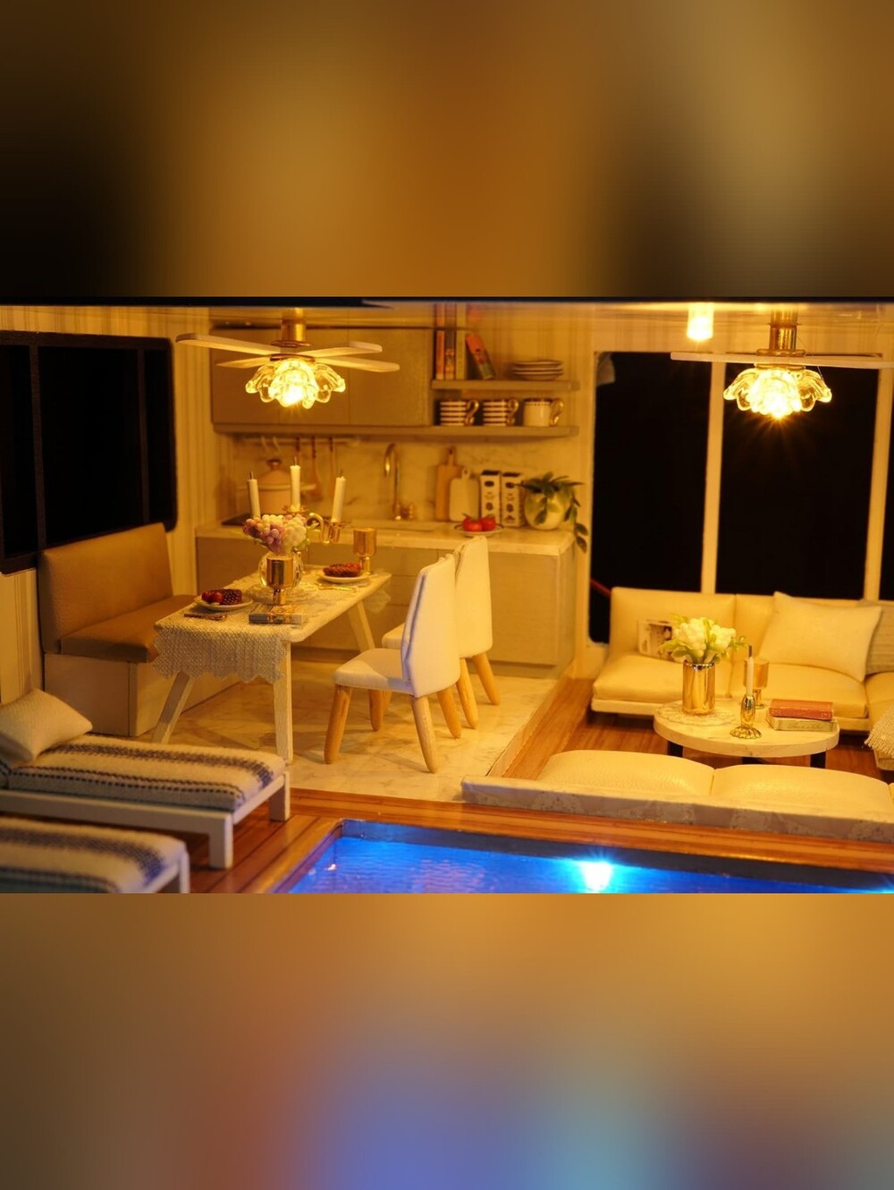 Modern Blue & White Dollhouse with Lighted Pool - Picture 4 of 16